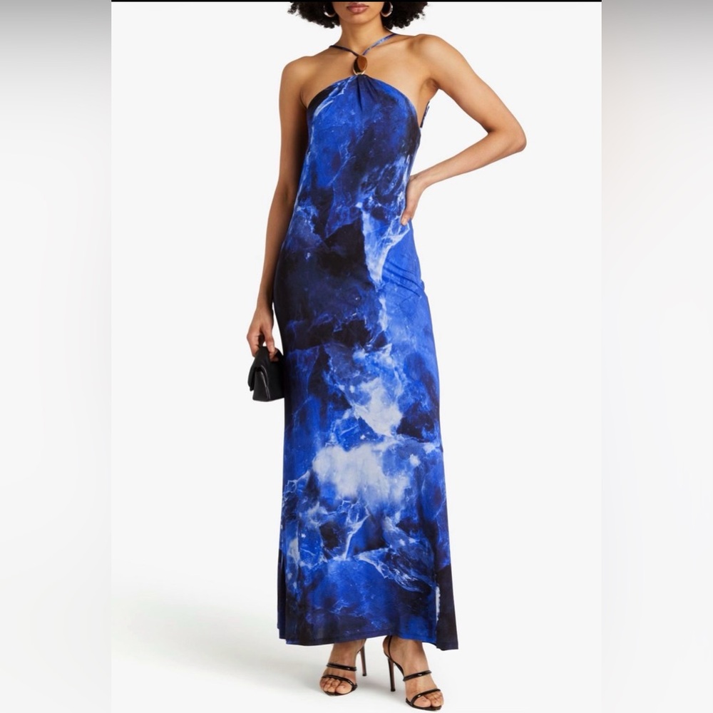 NWT Simkhai Sapphire Abstract Halter Gown – Open Back Maxi Sz M